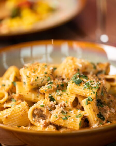 Closeup of pasta with parmesan cheese and greens on a plate