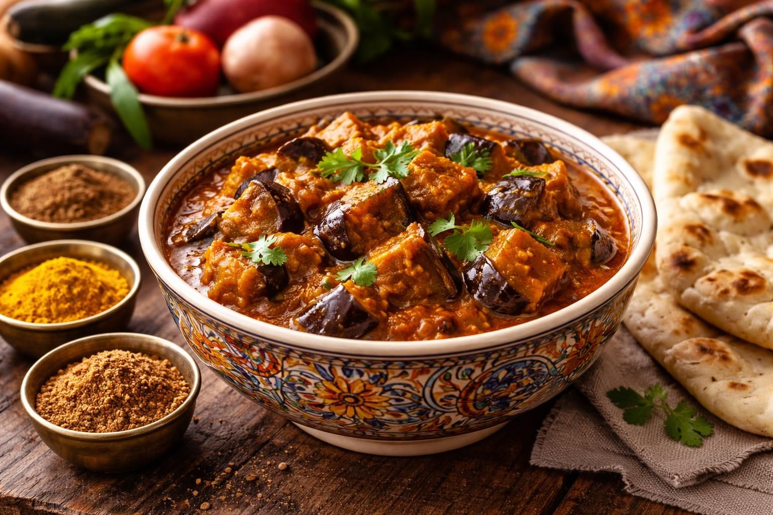 apprenez à réaliser un curry d'aubergine indien savoureux et authentique, parfait pour impressionner vos invités avec des saveurs exotiques et épicées.