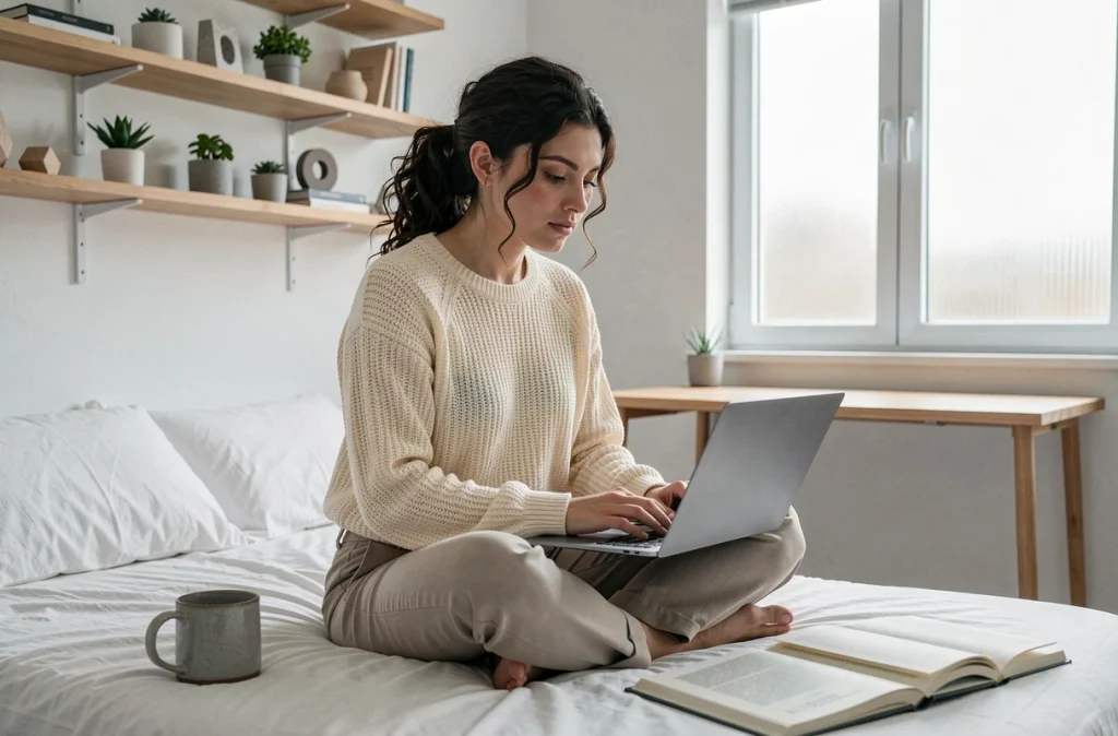 Jeune femme travaillant dans sa chambre privée d'un coliving équipé et moderne