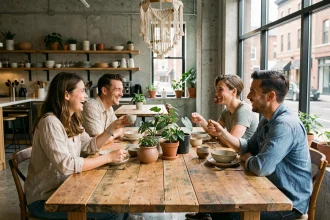 Groupe de colocataires partageant un repas dans un espace commun de coliving moderne en ville