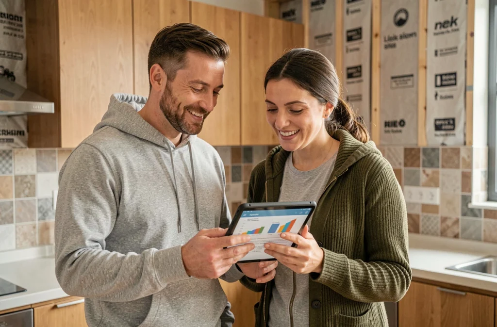 Couple de propriétaires urbains consultant un bilan énergétique sur tablette dans une cuisine en cours de rénovation thermique