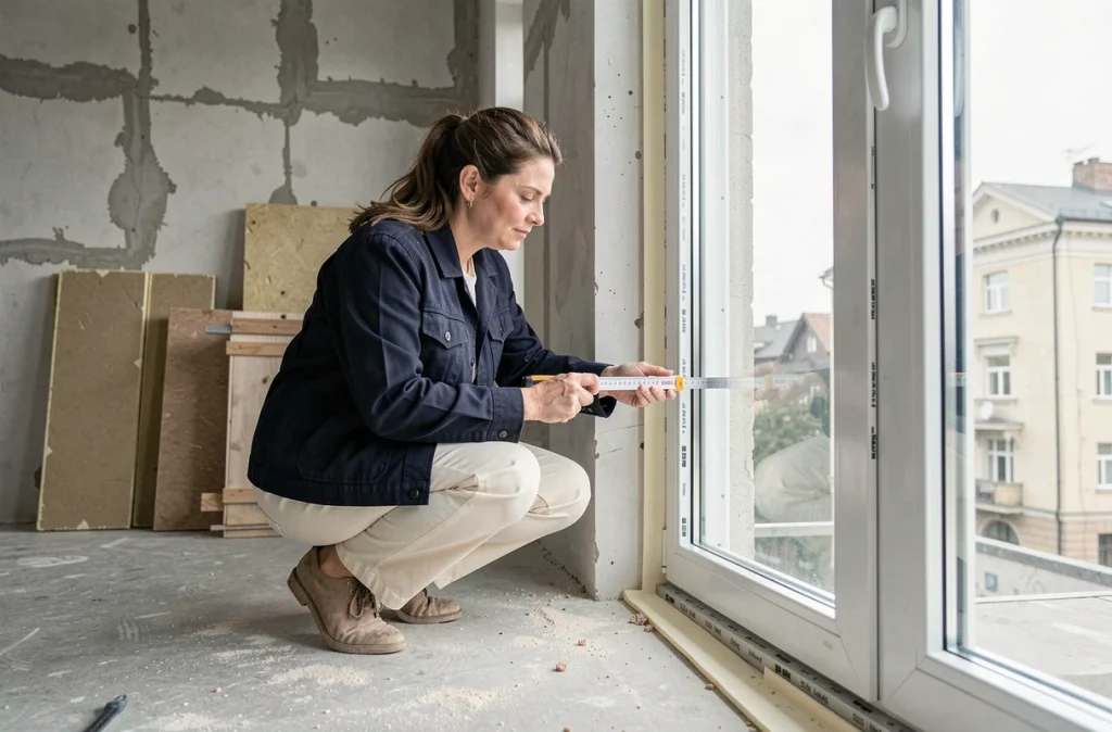 Femme inspectant l'installation d'une fenêtre à double vitrage dans un appartement urbain en cours de rénovation thermique