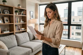 Jeune femme active examinant un contrat de location meublée dans un appartement moderne et lumineux