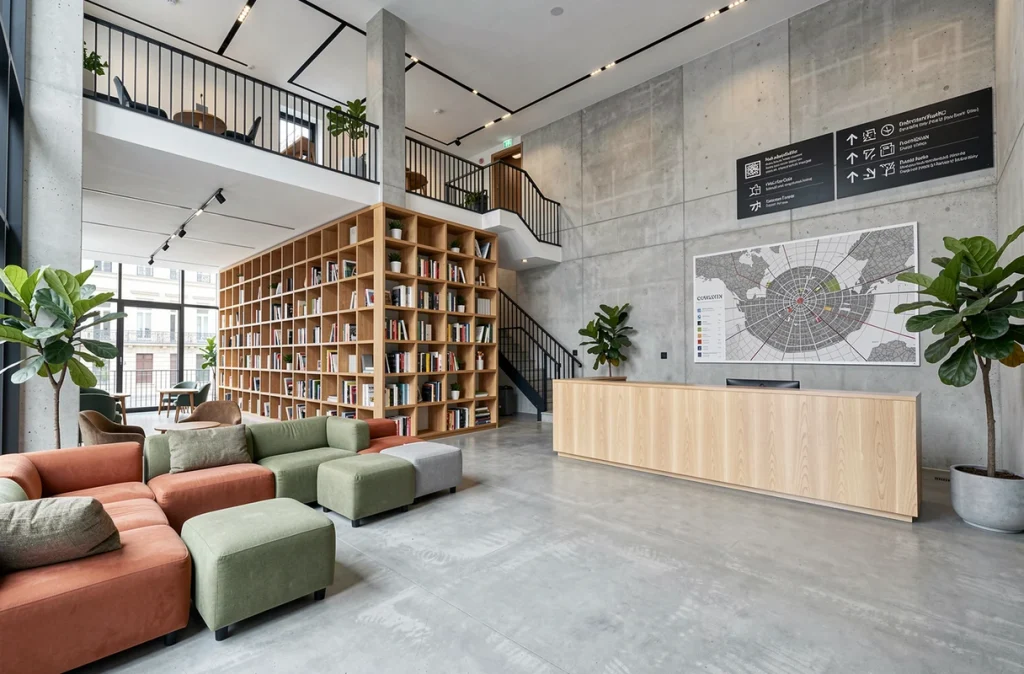 Lobby et espace co-working vide d'un immeuble de coliving moderne dans une grande ville européenne