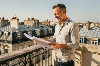 Propriétaire masculin consultant des plans de rénovation énergétique sur un balcon parisien avec toits haussmanniens en arrière-plan