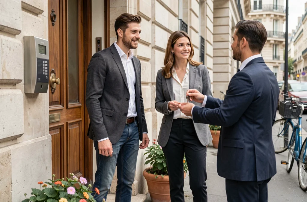 Deux jeunes actifs visitant un appartement meublé avec une agente immobilière devant un immeuble parisien